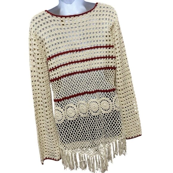 Wrangler Crochet Top Womens L Cream Fringe Trim Open Knit Boho Western - Picture 5 of 12